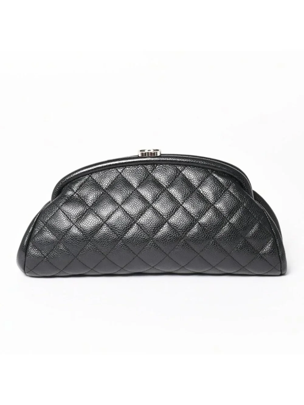 Chanel Timeless Classic Clutch CC Logo Caviar Leather Quilted Silver